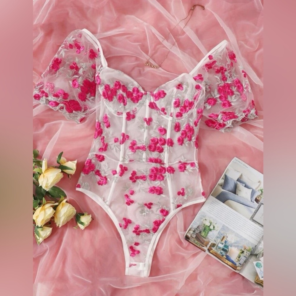 Sheer White Bodysuit with Pink Floral Embroidery